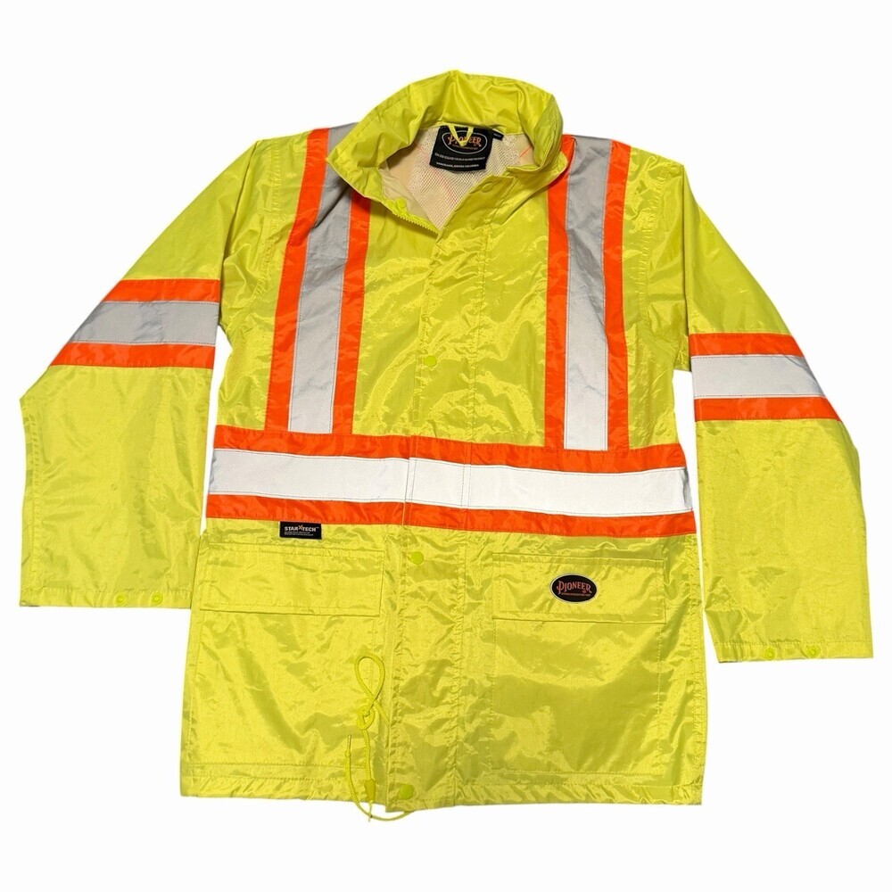 Pioneer Hi Vis Safety Waterproof Rain Jacket Yellow Reflective Hooded Unisex XS